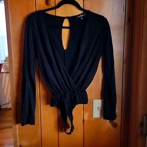 Lulus Black Surplice Faux Wrap Bodysuit